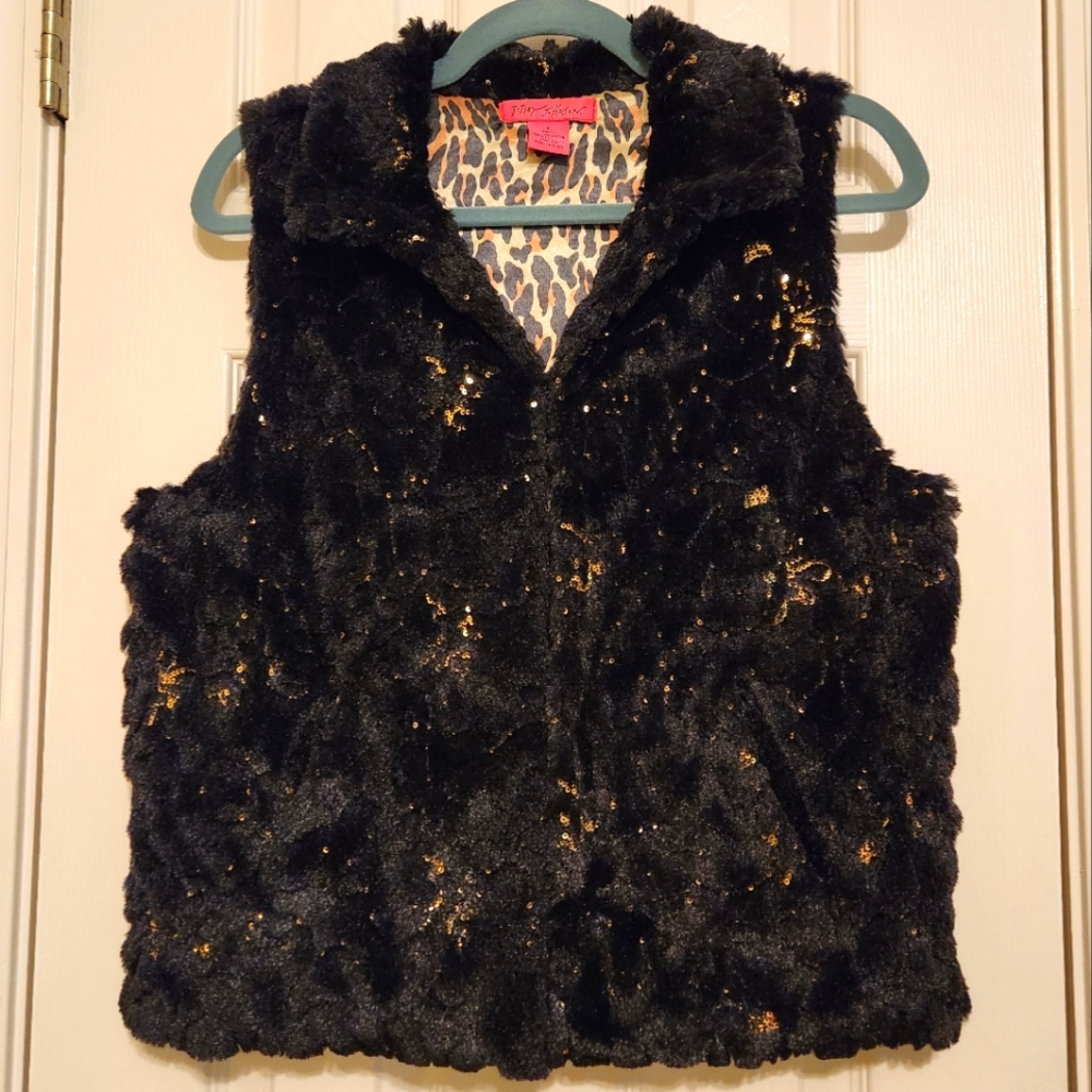 💕 Betsey Johnson Black Faux Fur and Gold Sequin Vest Small